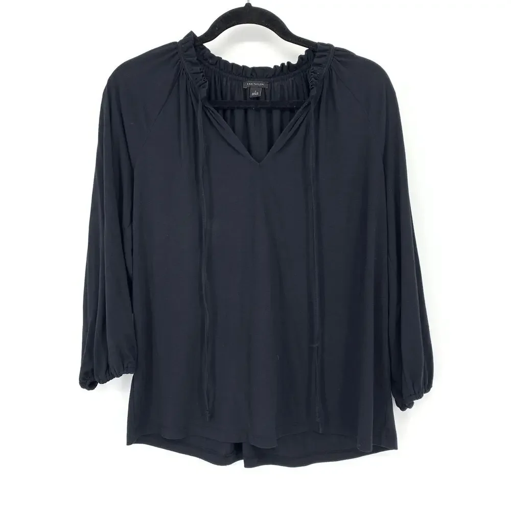 Ann Taylor 3/4 Sleeve Ruffle Tie Neck Blouse Womens Size Small Black